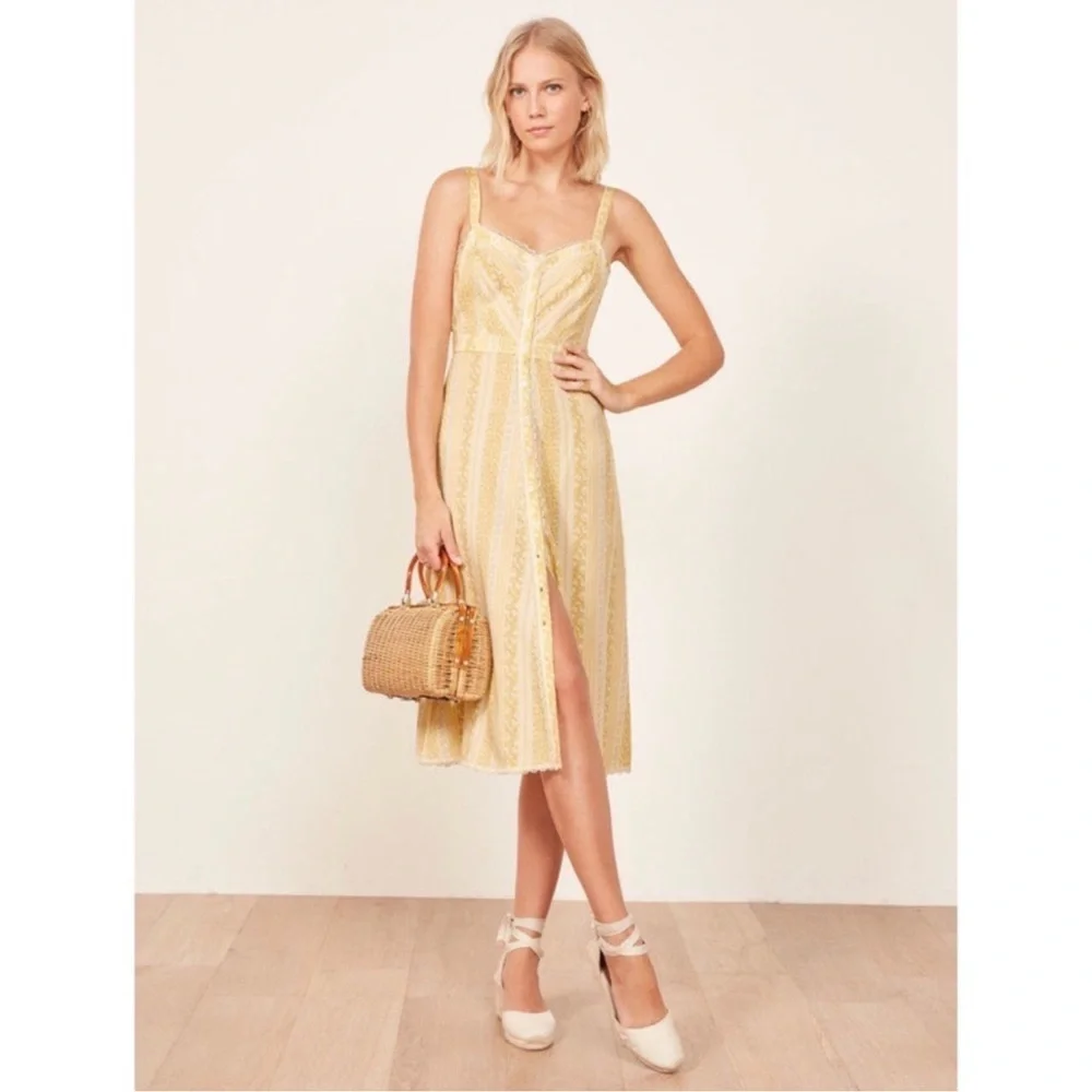 Reformation Midi Length Sandalwood Clara Yellow Floral Dress Lace Trim Sz 6 - Picture 1 of 11